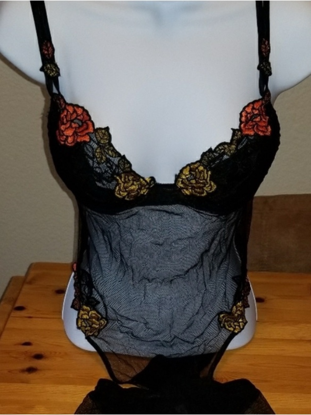 La Perla Black Sheer Mesh Bodysuit with Red and Gold Floral Embroidery